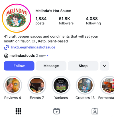 Melinda's Hot Sauce Instagram profile showing 1,884 posts, 61.8K followers, craft pepper sauces tagline, and story highlights