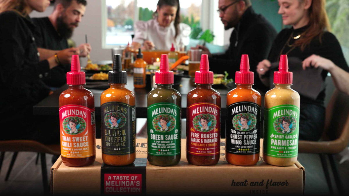MELINDA'S THAI SWEET CHILI SAUCE. MELINDA'S BLACK TRUFFLE HOT SAUCE. MELINDA'S GREEN SAUCE. MELINDA'S FIRE ROASTED GARLIC & HABANERO. MELINDA'S CREAMY STYLE GHOST PEPPER WING SAUCE. MELINDA'S SPICY GARLIC PARMESAN. A TASTE OF MELINDA'S COLLECTION. heat and flavor