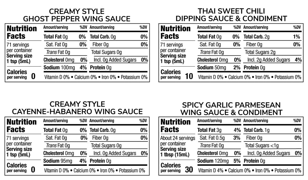 Nutrition Facts. Servings: 71 servings per container. Serving size: 1 tsp (5mL). Calories 0. Total Fat 0g (0% DV). Saturated Fat 0g (0% DV). Trans Fat 0g. Cholesterol 0mg (0% DV). Sodium 100mg (4% DV). Total Carbohydrate 0g (0% DV). Dietary Fiber 0g (0% DV). Total Sugars 0g. Includes 0g Added Sugars (0% DV). Protein 0g. Vitamin D 0%, Calcium 0%, Iron 0%, Potassium 0%.

Nutrition Facts. Servings: 71 servings per container. Serving size: 1 tsp (5mL). Calories 10. Total Fat 0g (0% DV). Saturated Fat 0g (0% ...