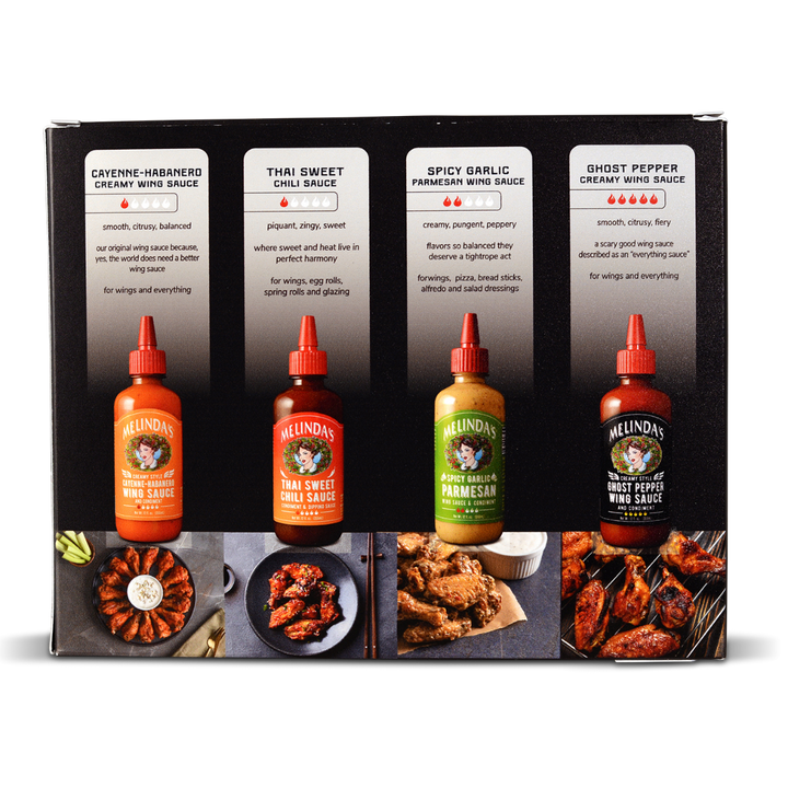 Melinda's four-pack wing sauce gift set featuring Cayenne-Habanero, Thai Sweet Chili, Spicy Garlic Parmesan, and Ghost...